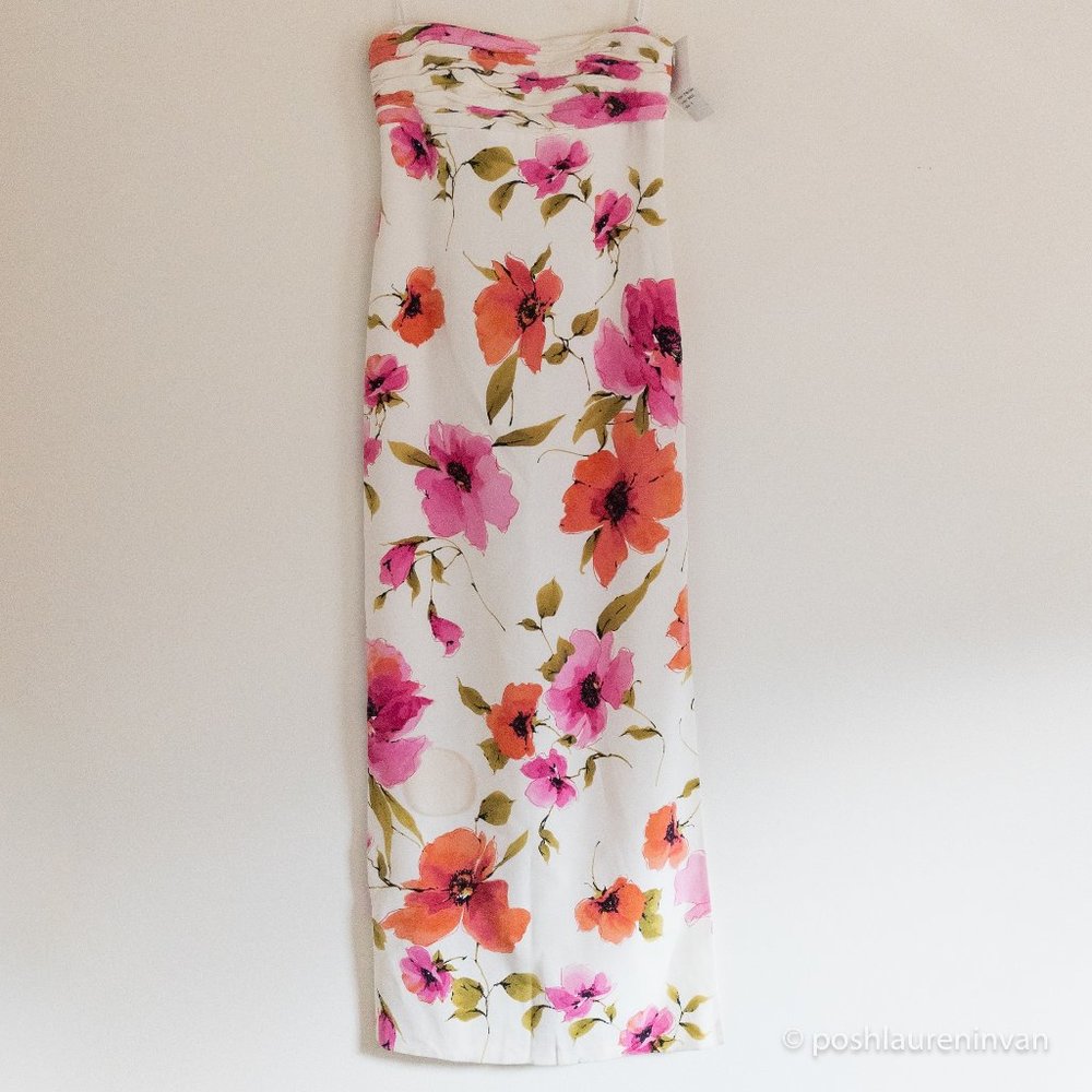 David Meister 100% Silk Floral Strapless Formal Dress NWT 8 Wedding Guest Gala M